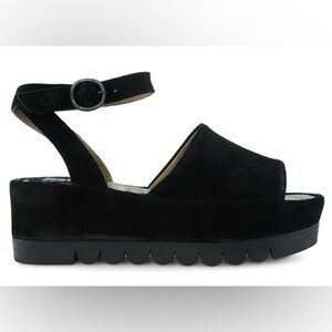 FLY London Booz Platform Sandals Black Suede Ankle Wrap Size 39 EUC